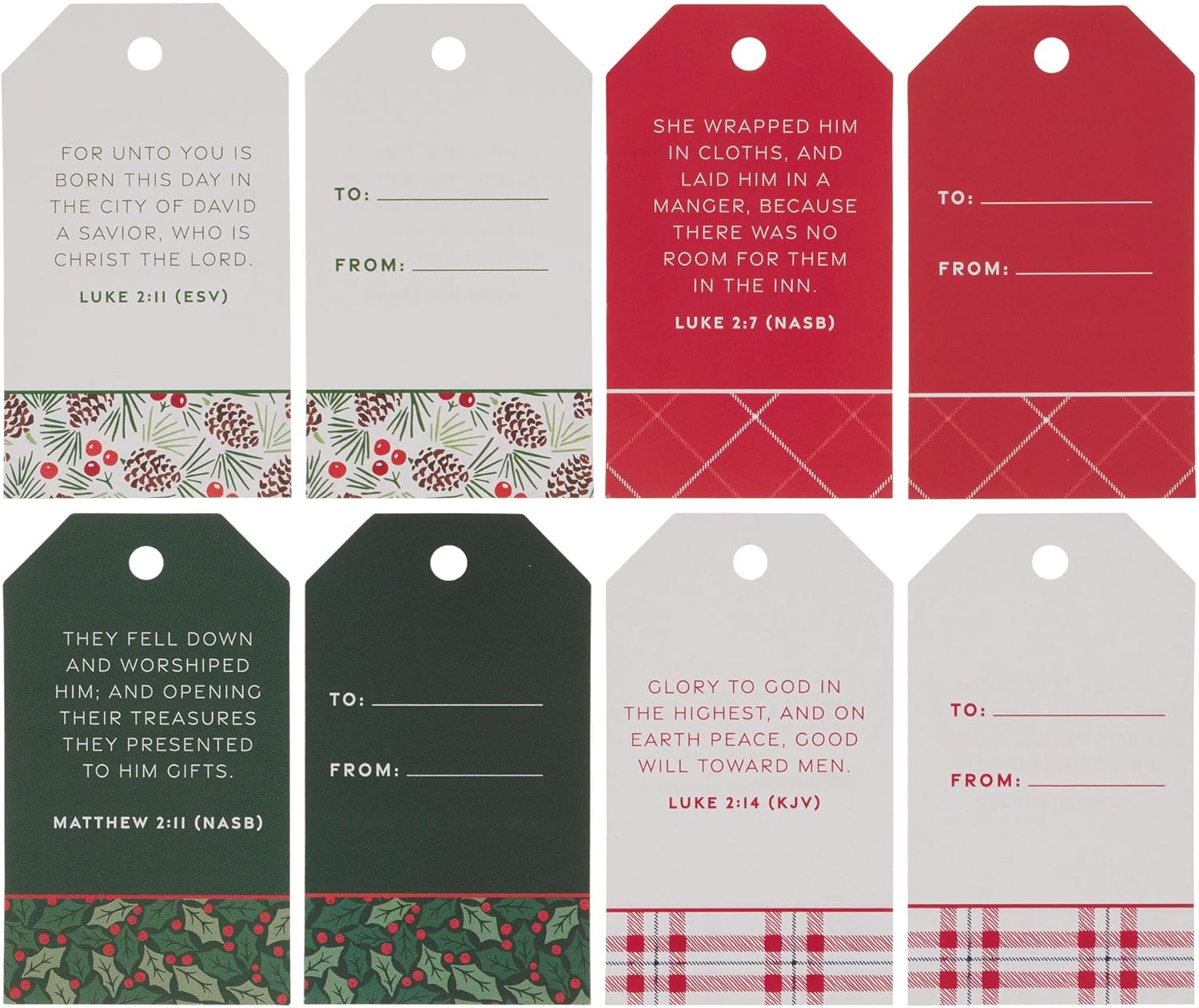 Christian Art Gifts Inspirational Christmas Paper Gift Tag Set with Scripture: Multicolor Red/Green/White Festive Holiday Holly & Pine Tree Themes, Cute Easy-Tie Candy Cane Colored String, Pack of 16
