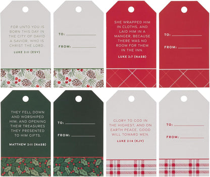 Christian Art Gifts Inspirational Christmas Paper Gift Tag Set with Scripture: Multicolor Red/Green/White Festive Holiday Holly & Pine Tree Themes, Cute Easy-Tie Candy Cane Colored String, Pack of 16