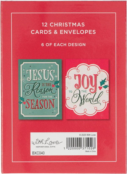 With Love Boxed Festive Holiday Greeting Note Card & Envelope Set for Family, Coworkers, Christmas Parties, Season's Greetings - Assorted Inspirational Holiday Designs, 12 Blank Cards & Envelopes