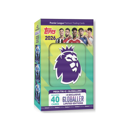 Topps Premier League 2026 - Debut Edition - Mega Tin (Globallers). Contains 40 cards plus 3 Globallers LE cards.