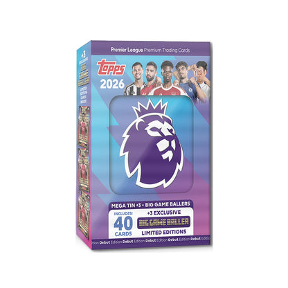 Topps Premier League 2026 - Debut Edition - Mega Tin (Big Game Baller). Contains 40 cards plus 3 Big Game Baller LE cards.