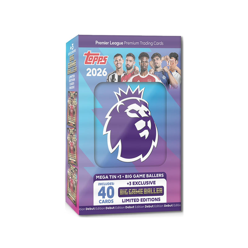 Topps Premier League 2026 - Debut Edition - Mega Tin (Big Game Baller). Contains 40 cards plus 3 Big Game Baller LE cards.
