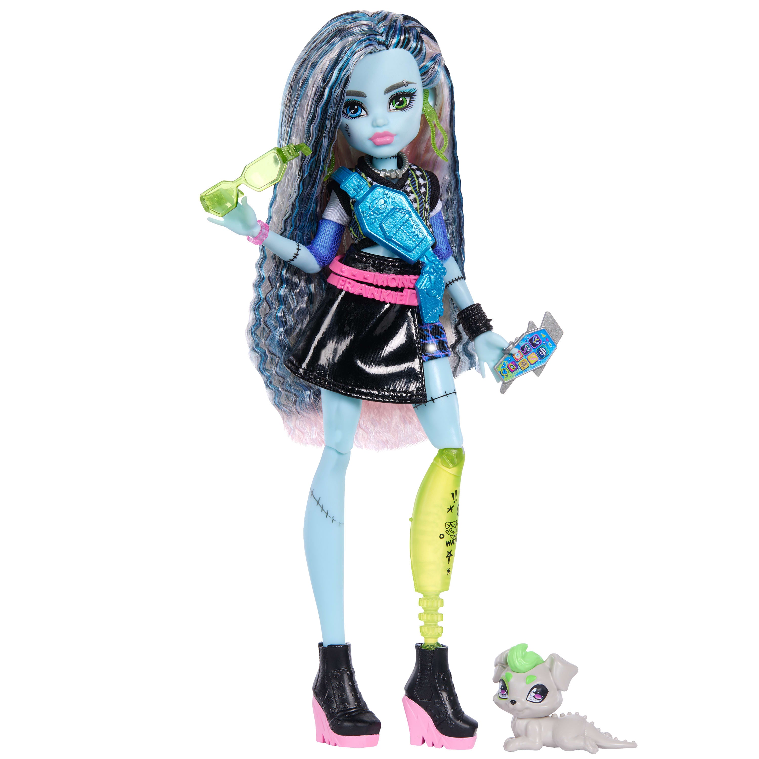 Monster High Pop, Frankie Stein in korte sweater en zwarte rok van kunstleer, met hondje Watzie en 7 accessoires, zoals een koptelefoon, riemtas en snacks, JHK31