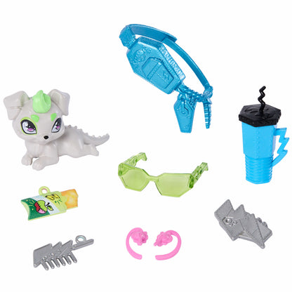 Monster High Pop, Frankie Stein in korte sweater en zwarte rok van kunstleer, met hondje Watzie en 7 accessoires, zoals een koptelefoon, riemtas en snacks, JHK31