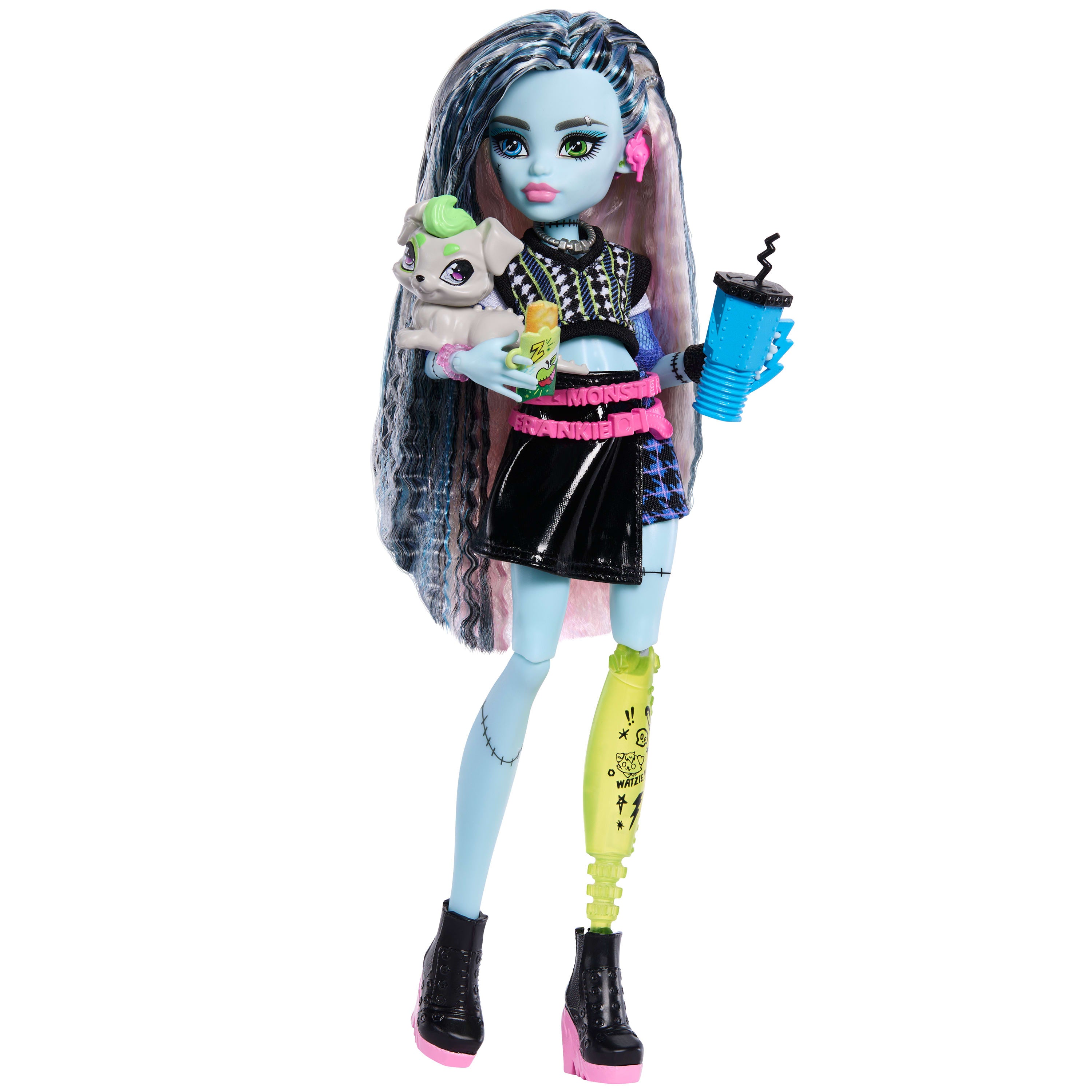 Monster High Pop, Frankie Stein in korte sweater en zwarte rok van kunstleer, met hondje Watzie en 7 accessoires, zoals een koptelefoon, riemtas en snacks, JHK31