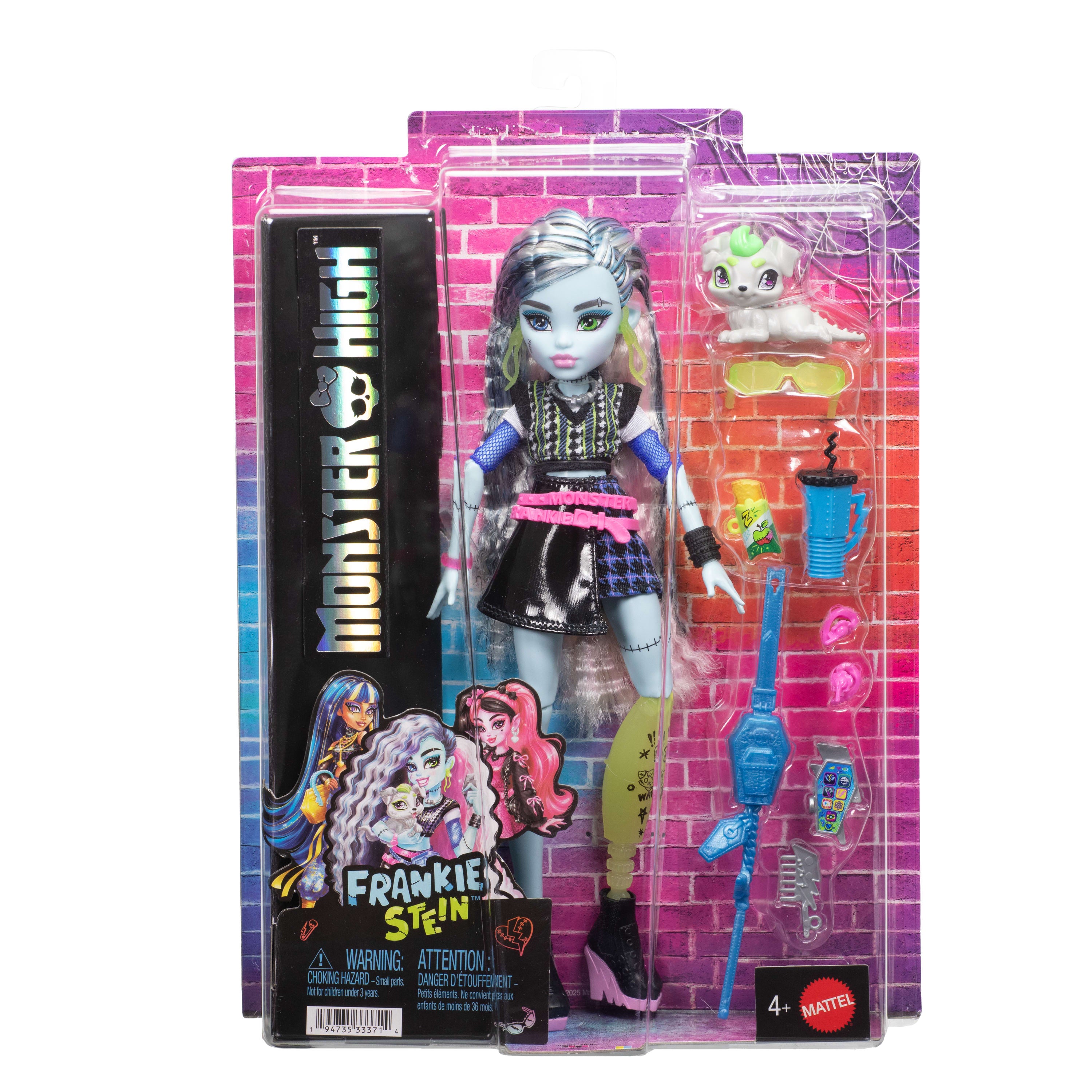 Monster High Pop, Frankie Stein in korte sweater en zwarte rok van kunstleer, met hondje Watzie en 7 accessoires, zoals een koptelefoon, riemtas en snacks, JHK31
