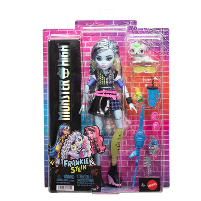 Monster High Pop, Frankie Stein in korte sweater en zwarte rok van kunstleer, met hondje Watzie en 7 accessoires, zoals een koptelefoon, riemtas en snacks, JHK31