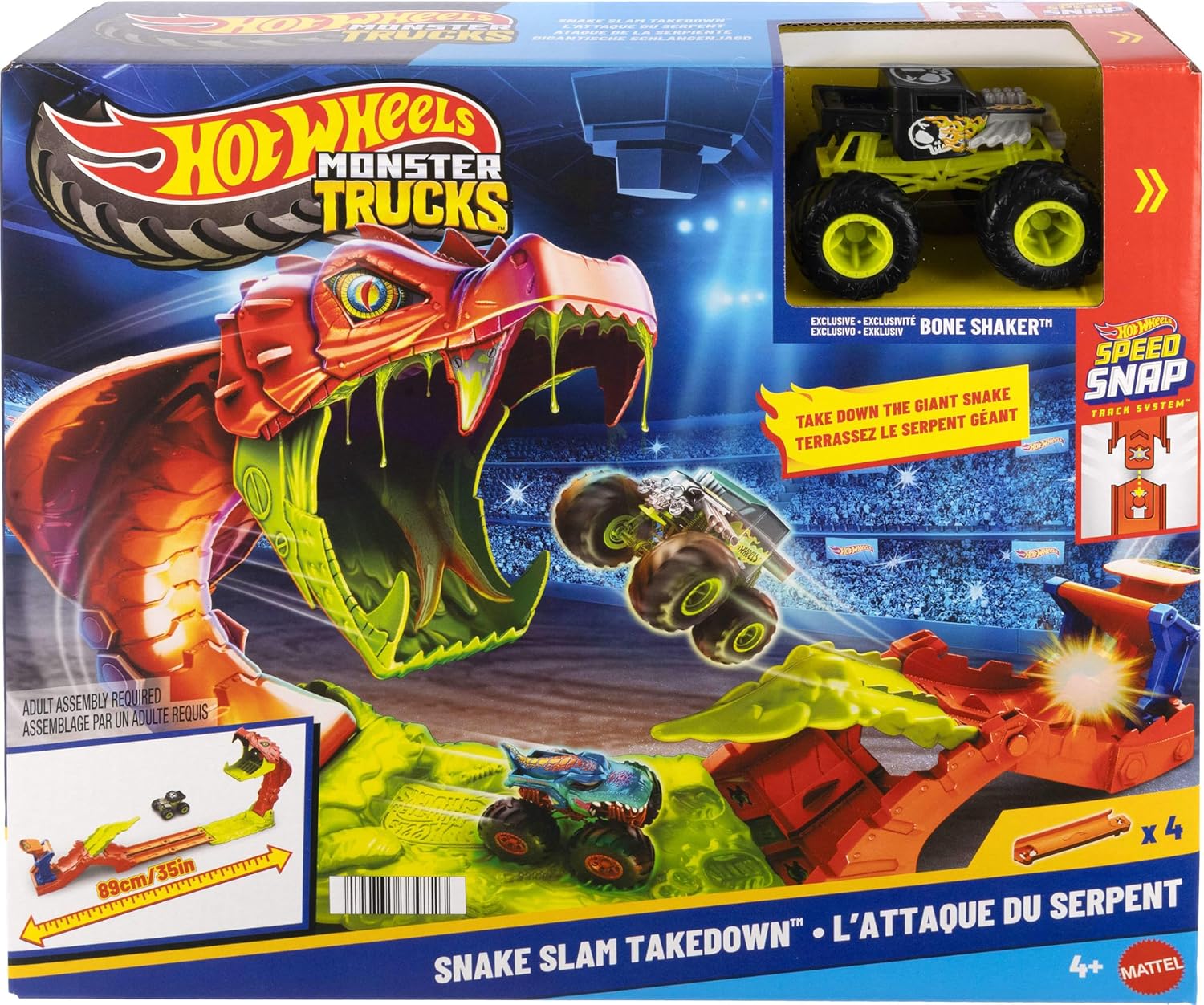Hot Wheels Monster Trucks Spielset, Snake Slam Takedown Trackset mit exklusivem Bone Shaker Spielfahrzeug im Maßstab 1:64, mit Track, JJN44