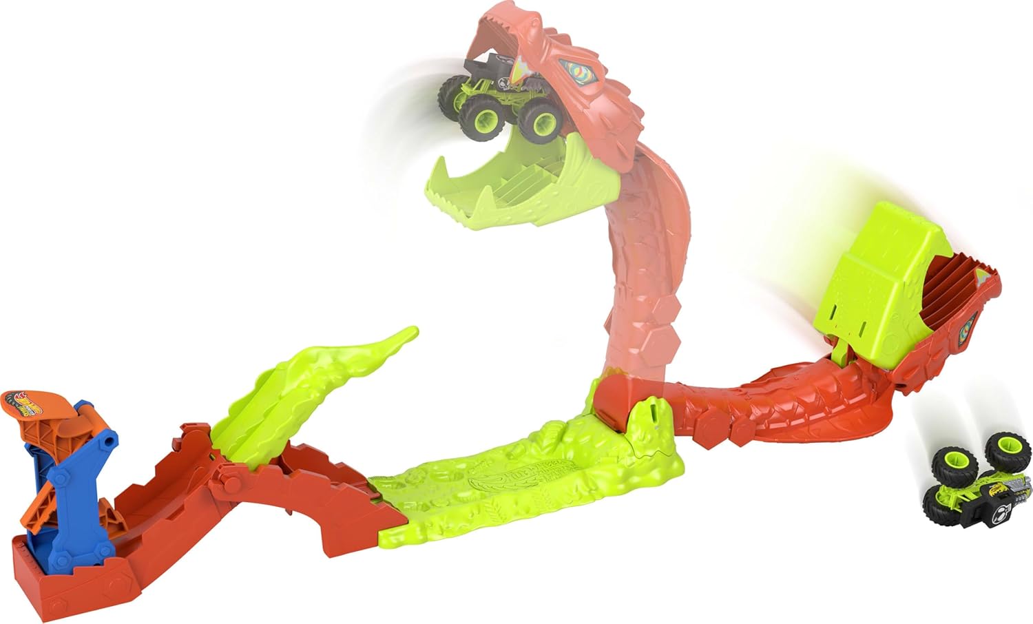 Hot Wheels Monster Trucks Spielset, Snake Slam Takedown Trackset mit exklusivem Bone Shaker Spielfahrzeug im Maßstab 1:64, mit Track, JJN44