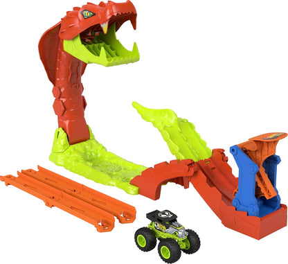 Hot Wheels Monster Trucks Spielset, Snake Slam Takedown Trackset mit exklusivem Bone Shaker Spielfahrzeug im Maßstab 1:64, mit Track, JJN44