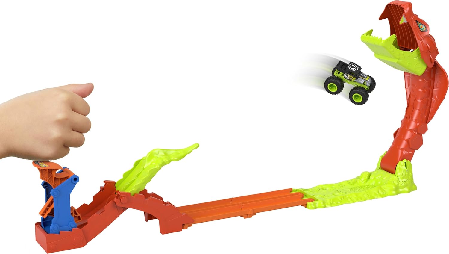 Hot Wheels Monster Trucks Spielset, Snake Slam Takedown Trackset mit exklusivem Bone Shaker Spielfahrzeug im Maßstab 1:64, mit Track, JJN44