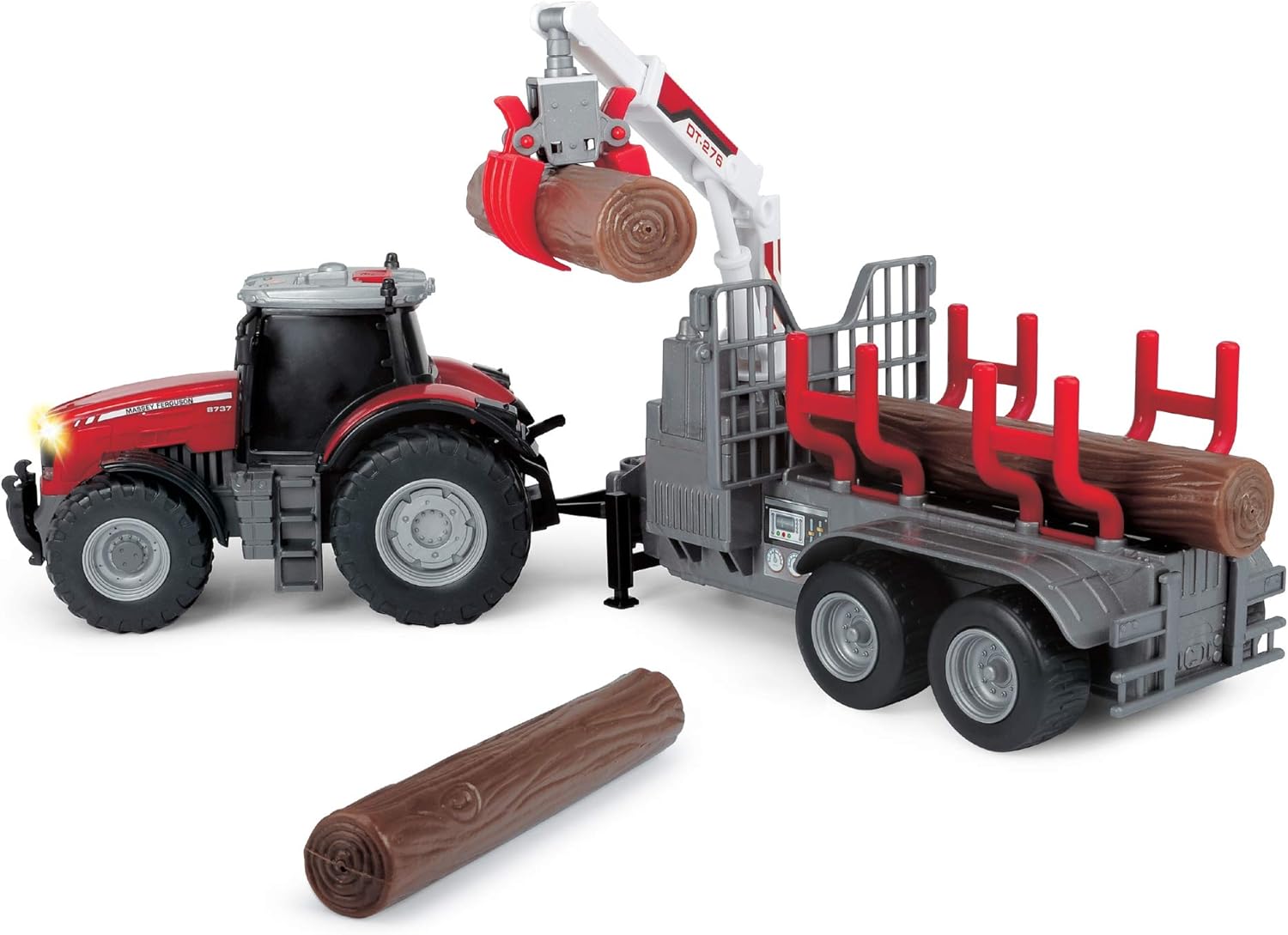 Dickie Toys 203737003 Toys Massey Ferguson Toy Tractor with Trailer and 3 Wooden Logs, Wooden Grabber, Tractor with Trailer, Type 8737, Farm Toy, Light & Sound, Includes Batteries, 42 cm