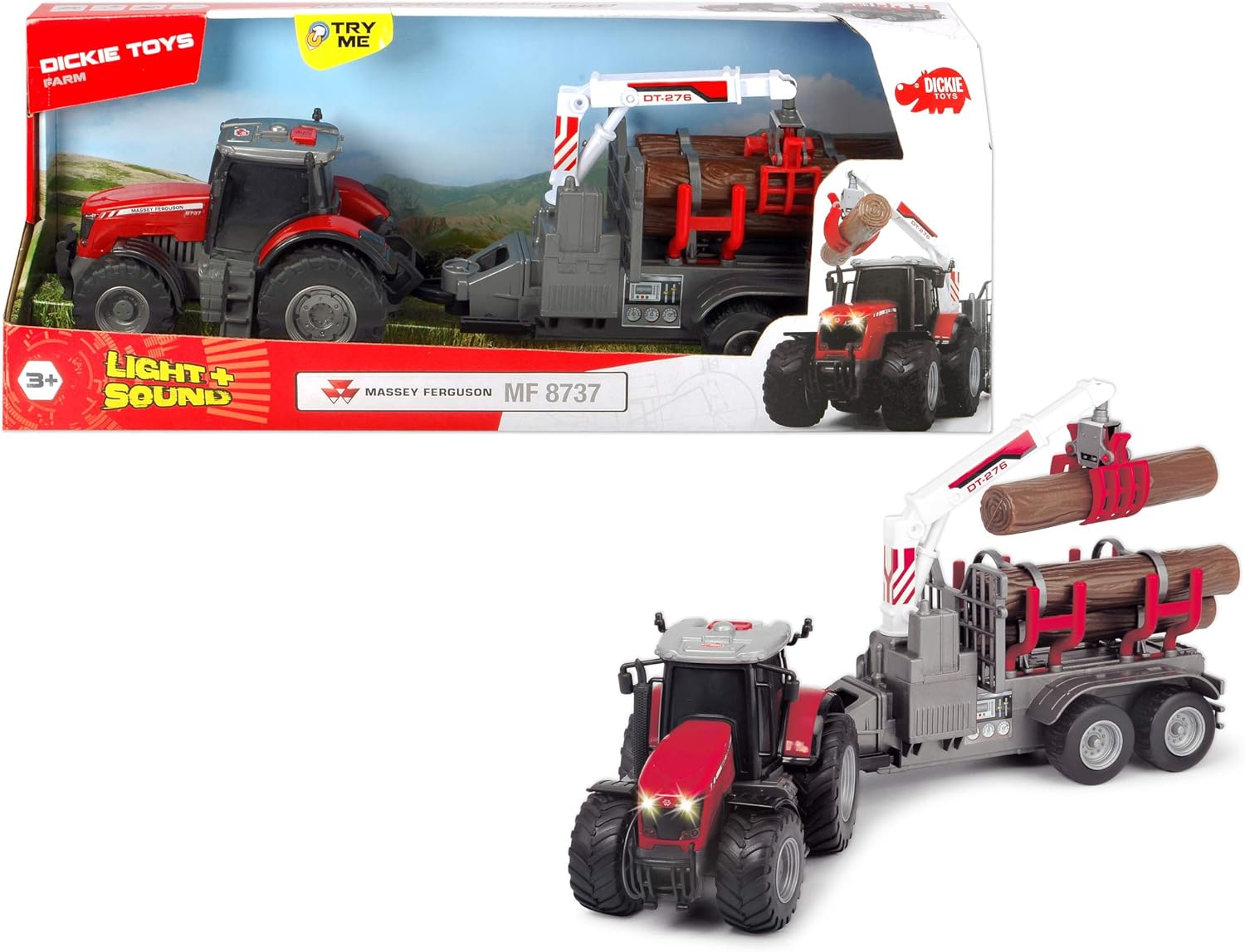 Dickie Toys 203737003 Toys Massey Ferguson Toy Tractor with Trailer and 3 Wooden Logs, Wooden Grabber, Tractor with Trailer, Type 8737, Farm Toy, Light & Sound, Includes Batteries, 42 cm