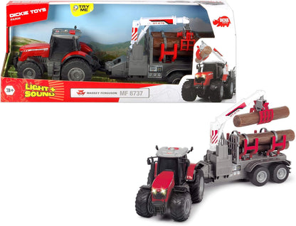 Dickie Toys 203737003 Toys Massey Ferguson Toy Tractor with Trailer and 3 Wooden Logs, Wooden Grabber, Tractor with Trailer, Type 8737, Farm Toy, Light & Sound, Includes Batteries, 42 cm