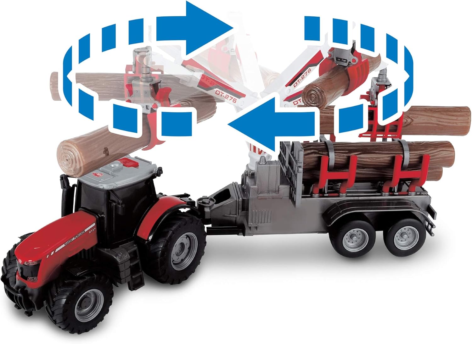 Dickie Toys 203737003 Toys Massey Ferguson Toy Tractor with Trailer and 3 Wooden Logs, Wooden Grabber, Tractor with Trailer, Type 8737, Farm Toy, Light & Sound, Includes Batteries, 42 cm