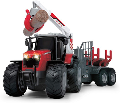 Dickie Toys 203737003 Toys Massey Ferguson Toy Tractor with Trailer and 3 Wooden Logs, Wooden Grabber, Tractor with Trailer, Type 8737, Farm Toy, Light & Sound, Includes Batteries, 42 cm
