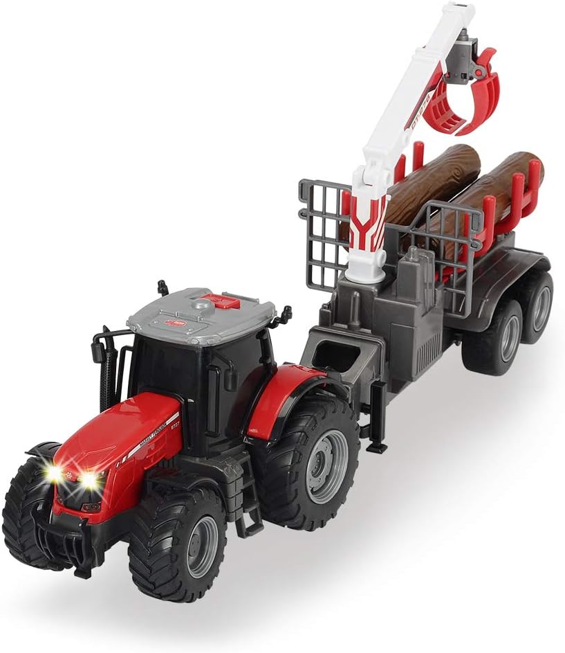 Dickie Toys 203737003 Toys Massey Ferguson Toy Tractor with Trailer and 3 Wooden Logs, Wooden Grabber, Tractor with Trailer, Type 8737, Farm Toy, Light & Sound, Includes Batteries, 42 cm