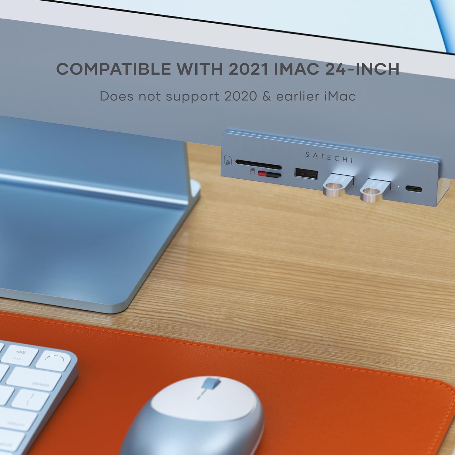 SATECHI USB C Clamp Hub – USB-C Data Port, 3x USB-A 3.0 Data Ports, Micro/SD Card Readers – for Studio Display & 24" iMac (2021 to 2024 M4), Not Compatible with 2020 and Earlier iMac Models