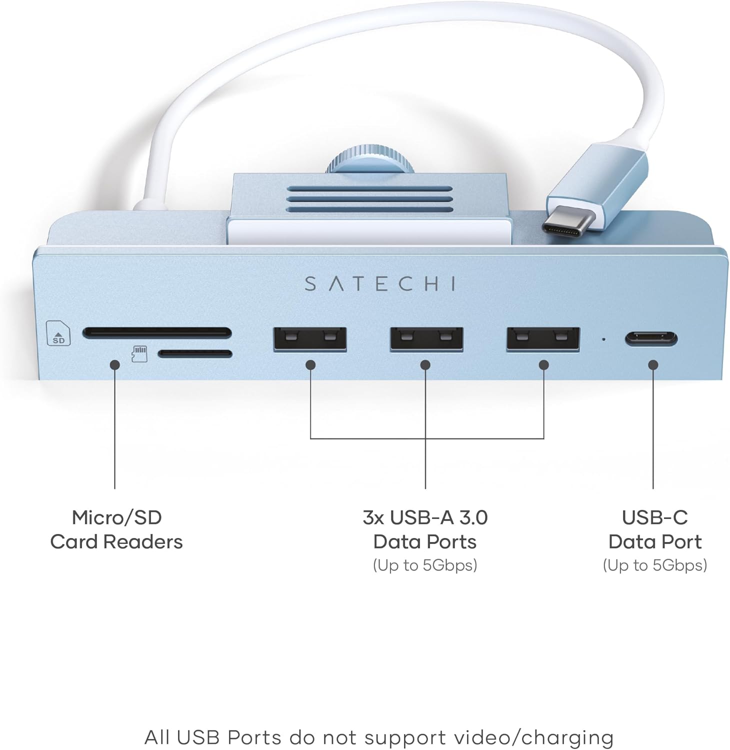 SATECHI USB C Clamp Hub – USB-C Data Port, 3x USB-A 3.0 Data Ports, Micro/SD Card Readers – for Studio Display & 24" iMac (2021 to 2024 M4), Not Compatible with 2020 and Earlier iMac Models