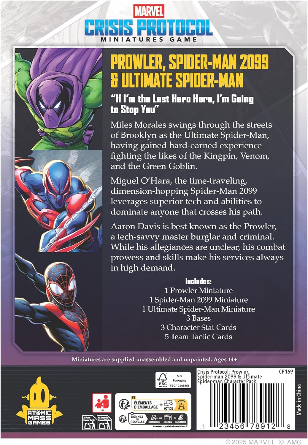 Asmodee, Marvel: Crisis Protocol - Prowler, Spider-Man 2099 & Ultimate Spider-Man, Character Pack, Atomic Mass Games, Tabletop, 2 Players, from Age 14+, 90-120 Minutes, English, French and Spanish