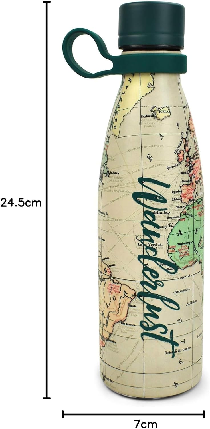 Legami - Hot&Cold Thermal Bottle 500 ml, Diameter 7 cm, Lightweight and Durable, Airtight Closure, Removable Silicone Handle, Travel Theme, Wanderlust, BPA and Phthalate Free