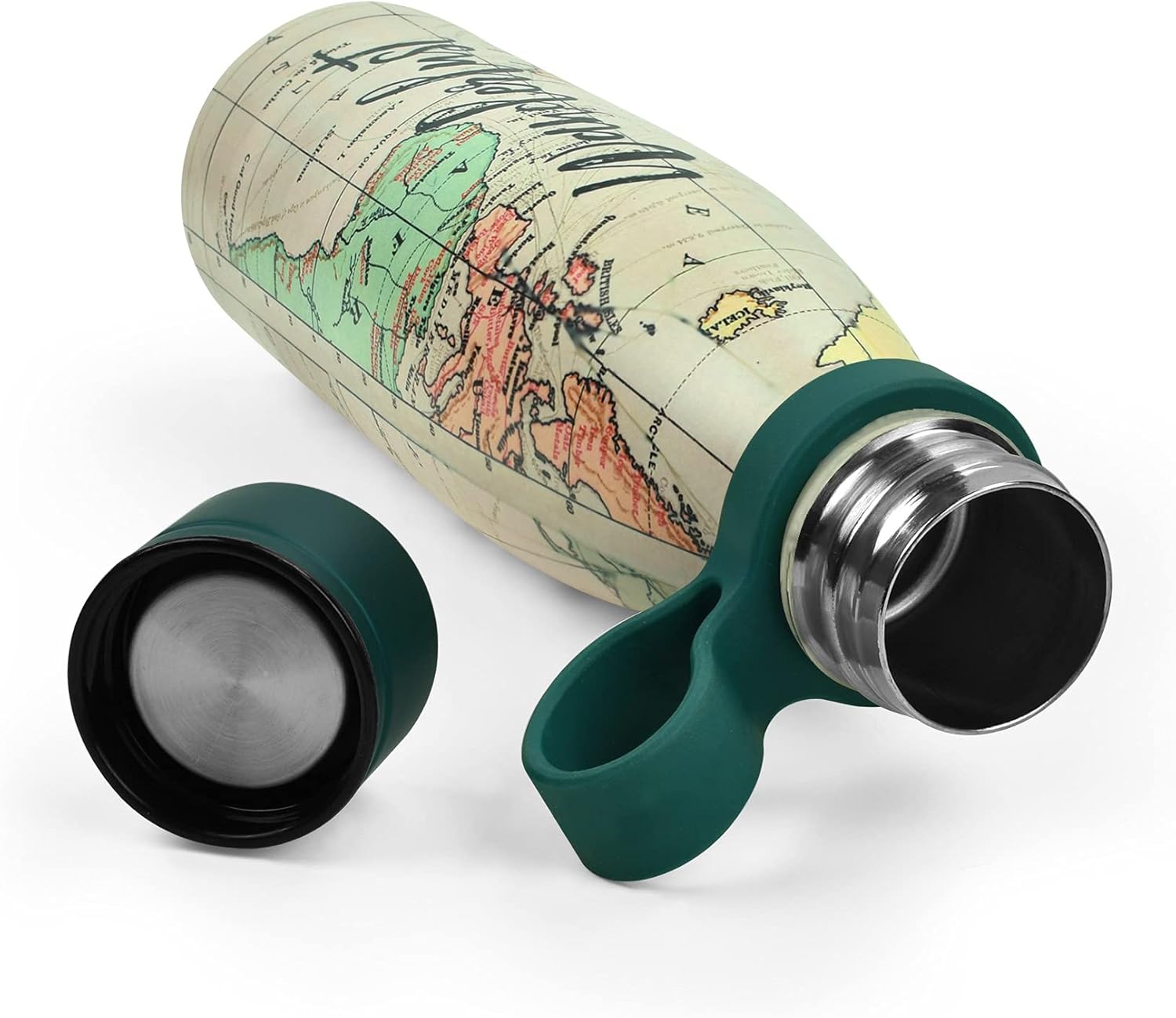 Legami - Hot&Cold Thermal Bottle 500 ml, Diameter 7 cm, Lightweight and Durable, Airtight Closure, Removable Silicone Handle, Travel Theme, Wanderlust, BPA and Phthalate Free