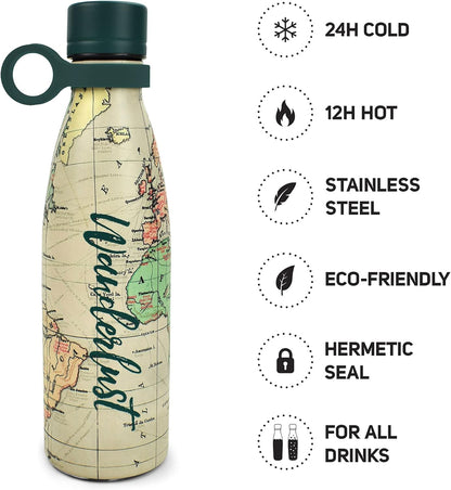 Legami - Hot&Cold Thermal Bottle 500 ml, Diameter 7 cm, Lightweight and Durable, Airtight Closure, Removable Silicone Handle, Travel Theme, Wanderlust, BPA and Phthalate Free