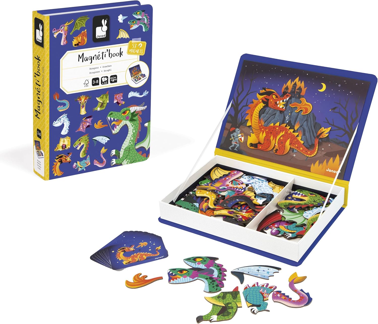 Janod - Magnéti'Book Drachen - Magnetisches Lernspiel 53 Magnete + 10 Modelle - Kinderspielzeug aus FSC-Karton - Fördert die Fingerfertigkeit und Vorstellungskraft - Ab 3 Jahre - J02527