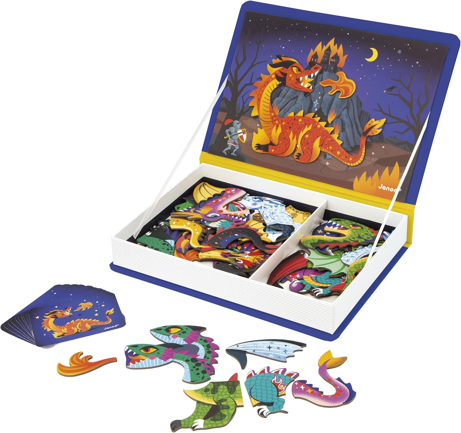 Janod - Magnéti'Book Drachen - Magnetisches Lernspiel 53 Magnete + 10 Modelle - Kinderspielzeug aus FSC-Karton - Fördert die Fingerfertigkeit und Vorstellungskraft - Ab 3 Jahre - J02527