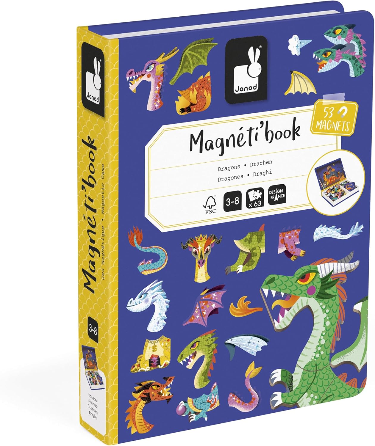 Janod - Magnéti'Book Drachen - Magnetisches Lernspiel 53 Magnete + 10 Modelle - Kinderspielzeug aus FSC-Karton - Fördert die Fingerfertigkeit und Vorstellungskraft - Ab 3 Jahre - J02527