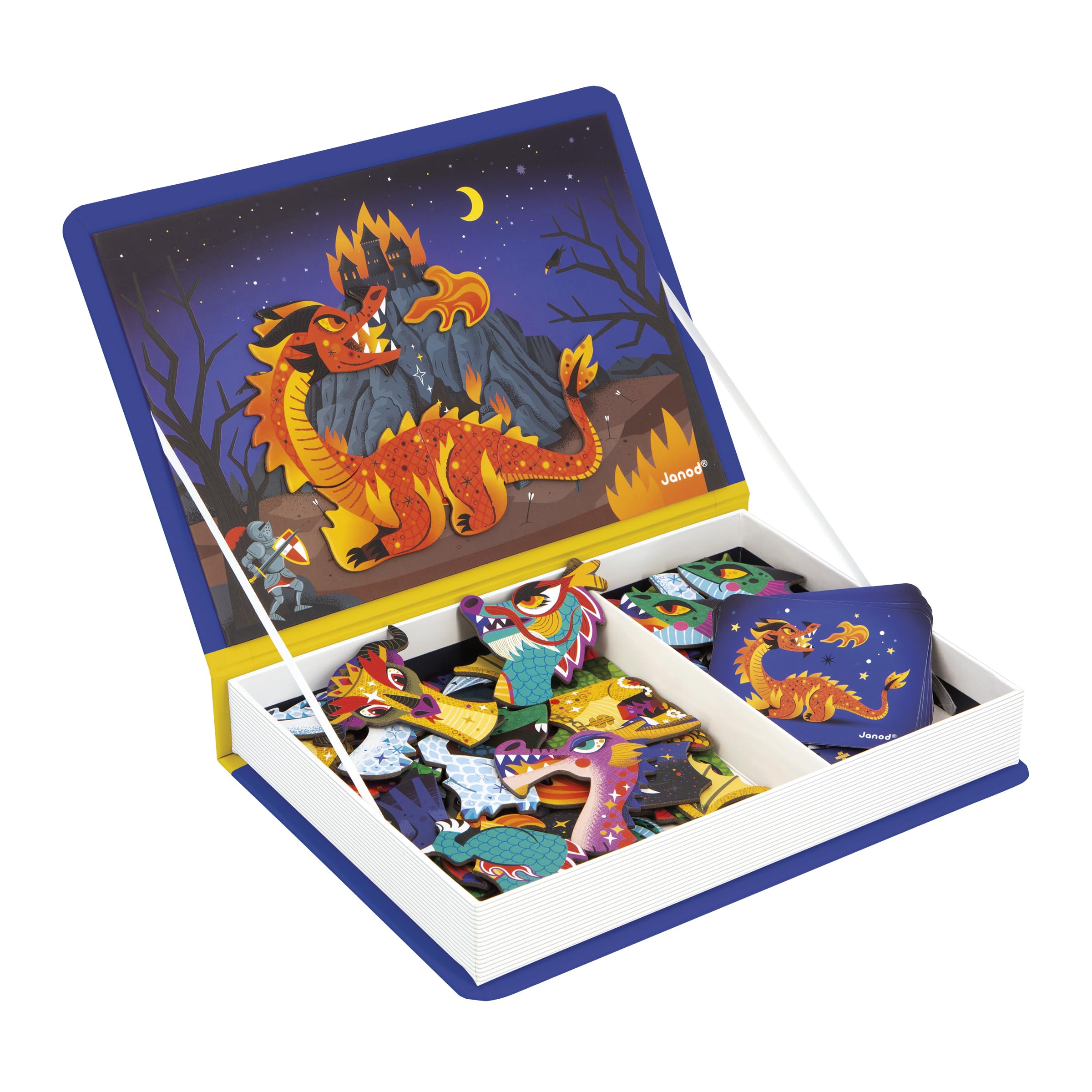 Janod - Magnéti'Book Drachen - Magnetisches Lernspiel 53 Magnete + 10 Modelle - Kinderspielzeug aus FSC-Karton - Fördert die Fingerfertigkeit und Vorstellungskraft - Ab 3 Jahre - J02527
