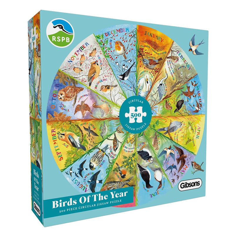 Gibsons RSPB Birds of the Year 500 Piece Circular Jigsaw Puzzle for Adults – Seasonal Nature Artwork by Claire Comerford – Colourful British Birds Design – Premium Sustainable Puzzle Made in the UK/EU