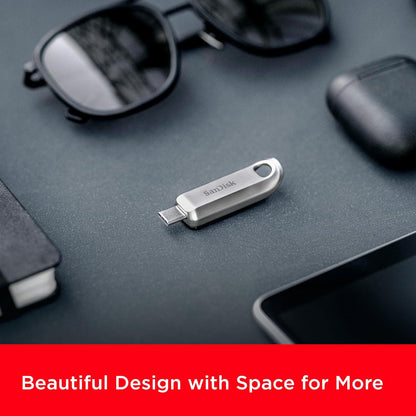 SanDisk 128GB Ultra Luxe USB Type-C flash drive, fast performance up to 400 MB/s read speeds, rectractable Connector, metal design, keyring USB 3.2 Gen 1, Silver