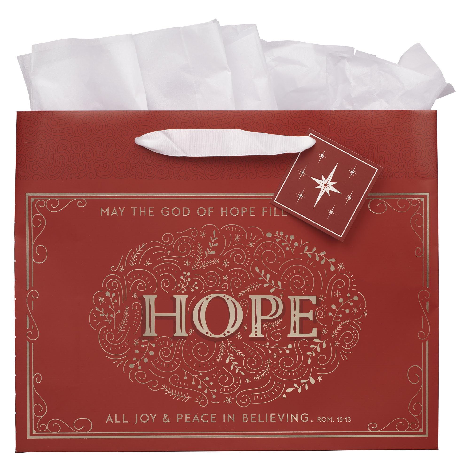 Christian Art Gifts Large Landscape Inspirational Christmas Gift Bag, Tag & Wrapping Tissue Paper Set for Men & Women: Hope Bible Verse, Sturdy Satin Ribbon Handles, Festive Red