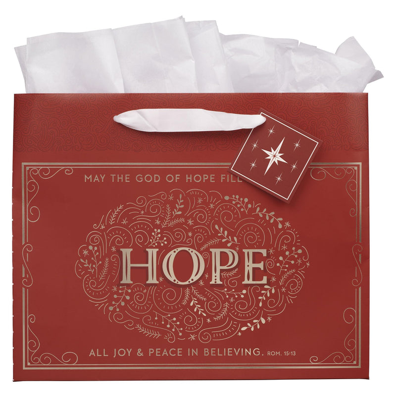 Christian Art Gifts Large Landscape Inspirational Christmas Gift Bag, Tag & Wrapping Tissue Paper Set for Men & Women: Hope Bible Verse, Sturdy Satin Ribbon Handles, Festive Red