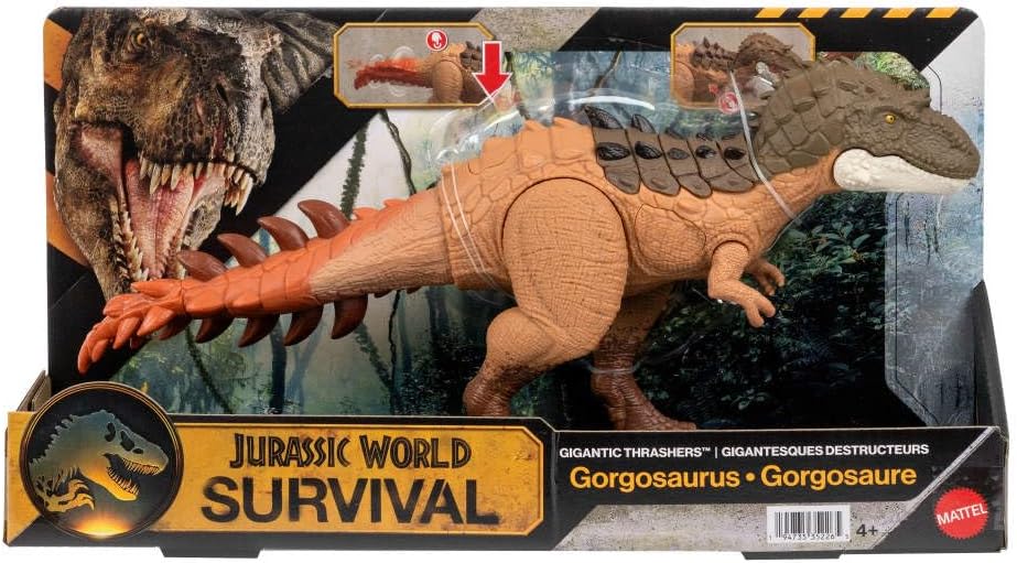 Mattel Jurassic World Dinosaurier-Spielfigur, großer Gigantic Thrashers Gorgosaurus mit 2 Angriffsbewegungen und Evolutionsfunktion, digitaler Spielspaß, JKL86