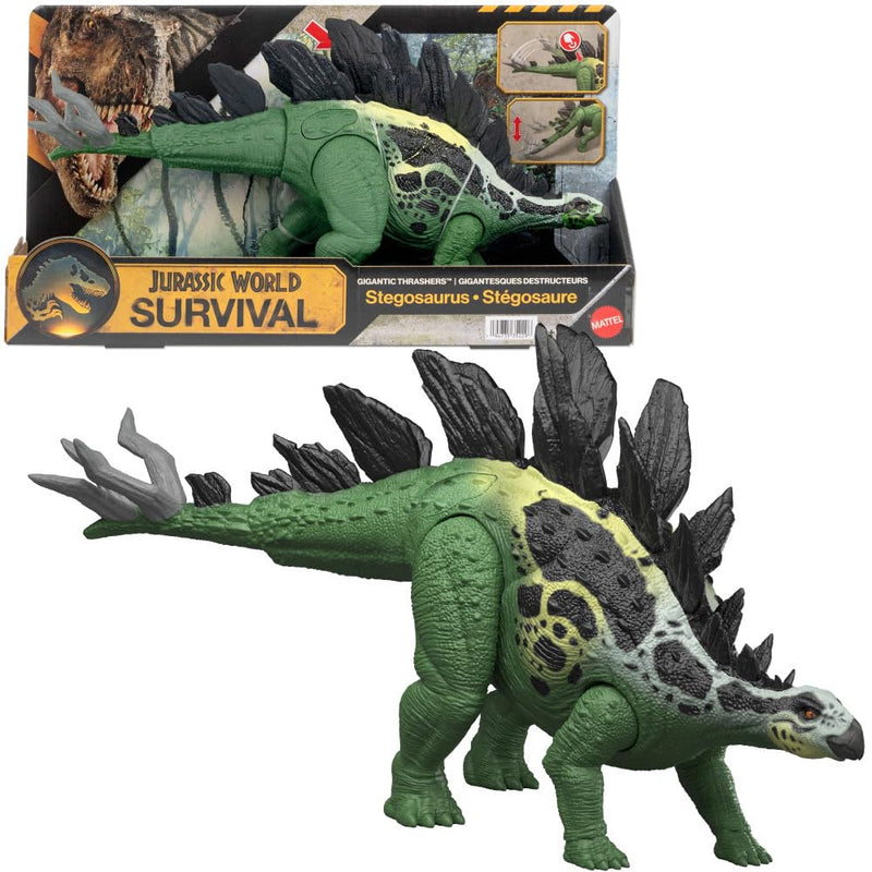 Mattel Jurassic World Dinosaurier-Spielfigur, großer Gigantic Thrashers Stegosaurus mit 2 Angriffsbewegungen und Evolutionsfunktion, digitaler Spielspaß, JKL85