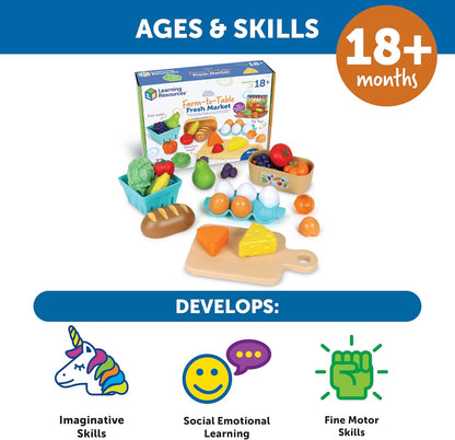 Learning Resources New Sprouts Farm to Table Fresh Market, Ages 18 months+, Toys for 2 Year Old Boy or Girl, Play Food, 27 Pieces