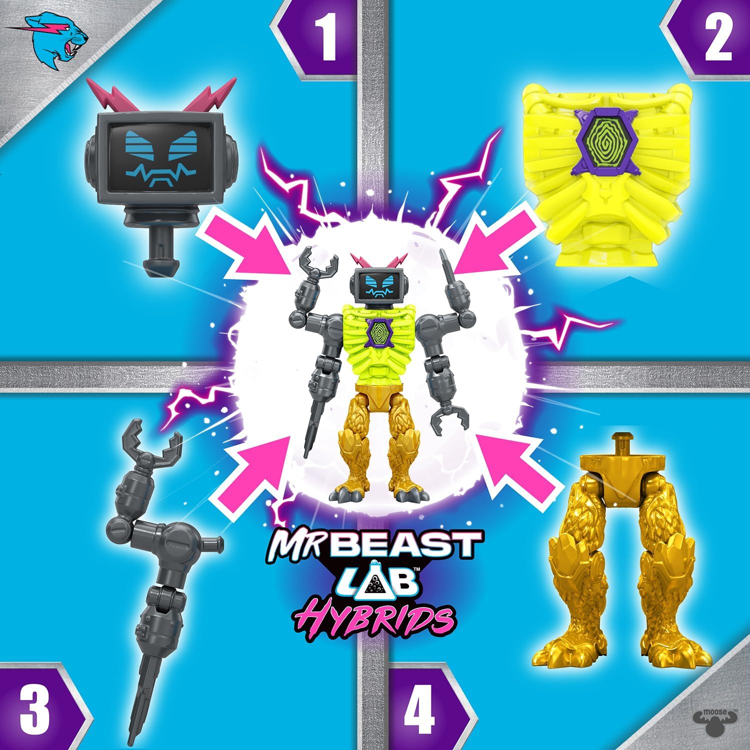 MrBeast Lab Hybrids Mehrfachpackung, Verschiedene Hybrid-Teile und 2 Actionfiguren zum Kombinieren, mit Teilen des Golden Panther Dragon, zahlreiche Kombinationen, über 30 Monster zum Sammeln