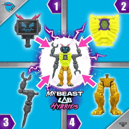 MrBeast Lab Hybrids Mehrfachpackung, Verschiedene Hybrid-Teile und 2 Actionfiguren zum Kombinieren, mit Teilen des Golden Panther Dragon, zahlreiche Kombinationen, über 30 Monster zum Sammeln