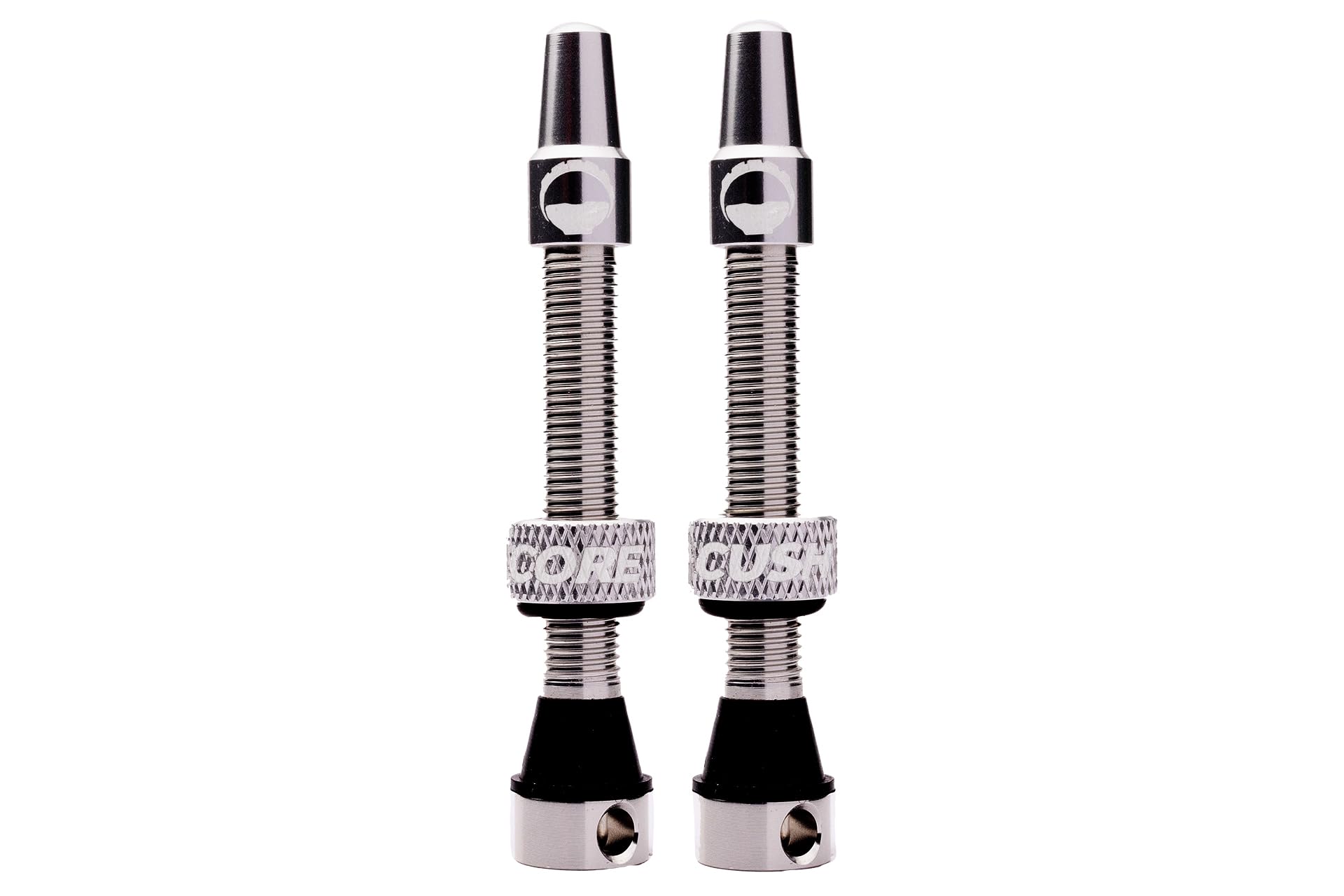 CushCore Tubeless Valves Silver – Premium 44mm Presta Valves for MTB, Gravel & Road Wheels – Insert Compatible, Removable Core, Sealant Ready (Pair