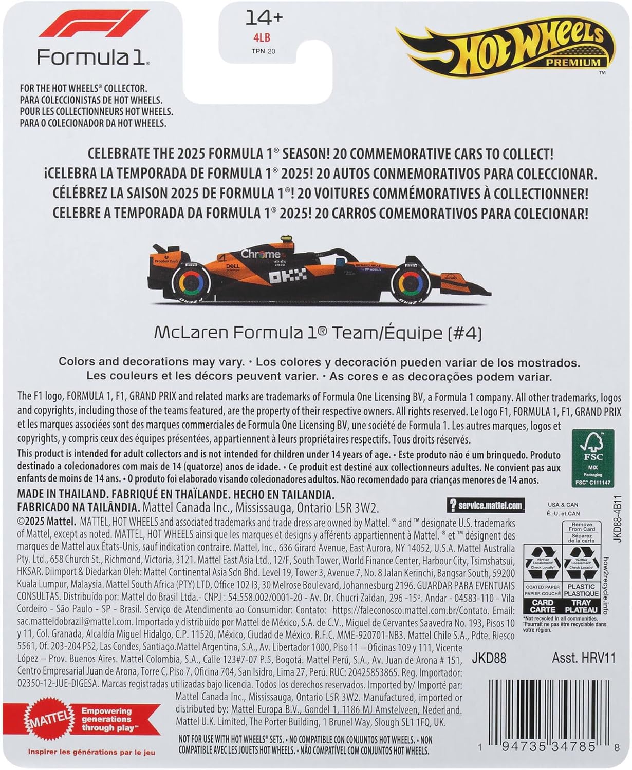 Hot Wheels 1:64 Scale Premium Die-Cast Formula 1® Collectible Toy Race Car with Real Riders Tires & Metal/Metal Body & Chassis (Styles May Vary), JKD88