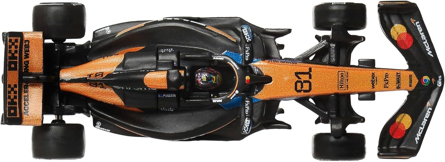 Hot Wheels Formel 1 McLaren Oscar Piastri #81, Premium Die-Cast-Rennauto im Maßstab 1:64, Sammelspielzeug mit Real Riders-Reifen sowie Metall/Metall-Karosserie und Fahrgestell, JKD81