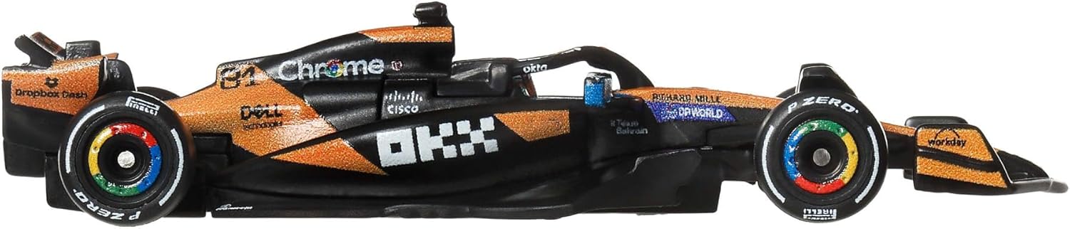 Hot Wheels Formel 1 McLaren Oscar Piastri #81, Premium Die-Cast-Rennauto im Maßstab 1:64, Sammelspielzeug mit Real Riders-Reifen sowie Metall/Metall-Karosserie und Fahrgestell, JKD81
