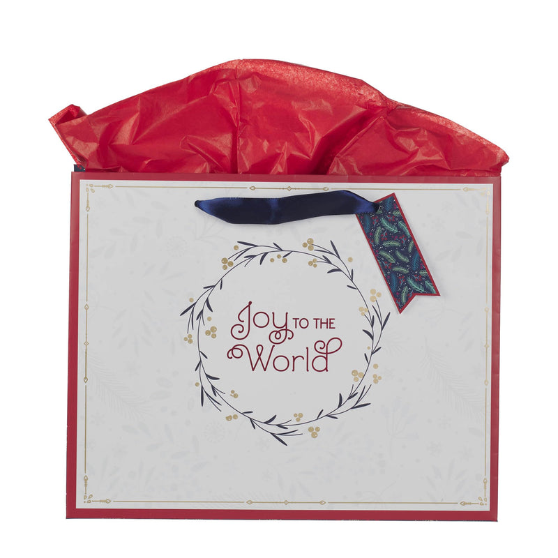 Christian Art Gifts Large Landscape Inspirational Christmas Gift Bag, Tag & Wrapping Tissue Paper Set for Men & Women: Joy to the World, Sturdy Satin Ribbon Handles, White Wreath Multicolor Design