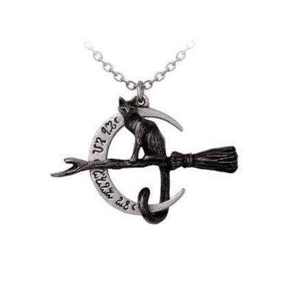 Alchemy England, Fine English Pewter Gothic Necklace, Black Cat on Broomstick Moon Pendant, 18g