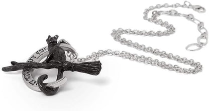Alchemy England, Fine English Pewter Gothic Necklace, Black Cat on Broomstick Moon Pendant, 18g