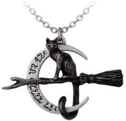 Alchemy England, Fine English Pewter Gothic Necklace, Black Cat on Broomstick Moon Pendant, 18g