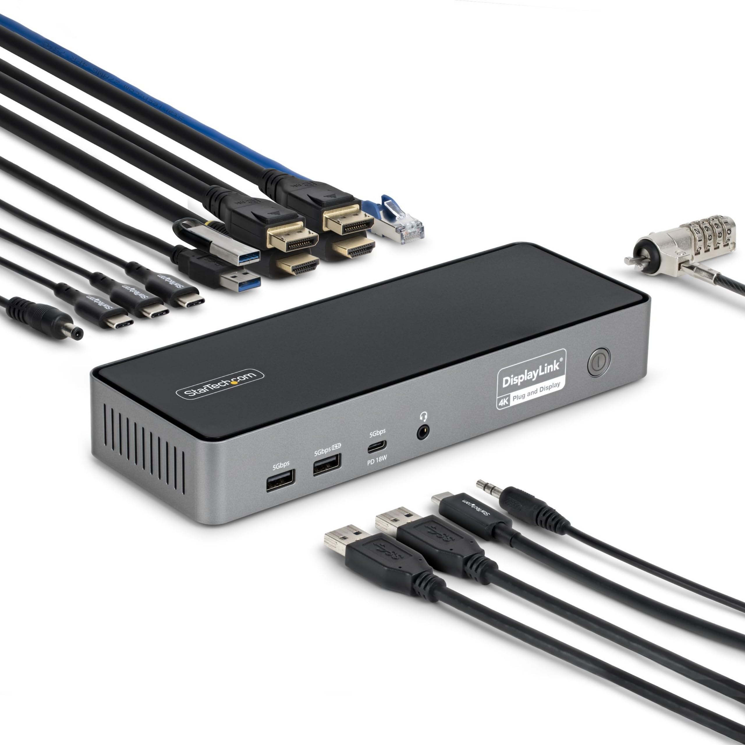 StarTech.com Triple Monitor USB-C Docking Station, 4K 60Hz DisplayLink Dock for MacBook M1 M2 M3 M4 & Windows, 2.5GbE, 2x HDMI & 2x DP, 140W Laptop Charging, USB-C DP Alt Mode - TAA