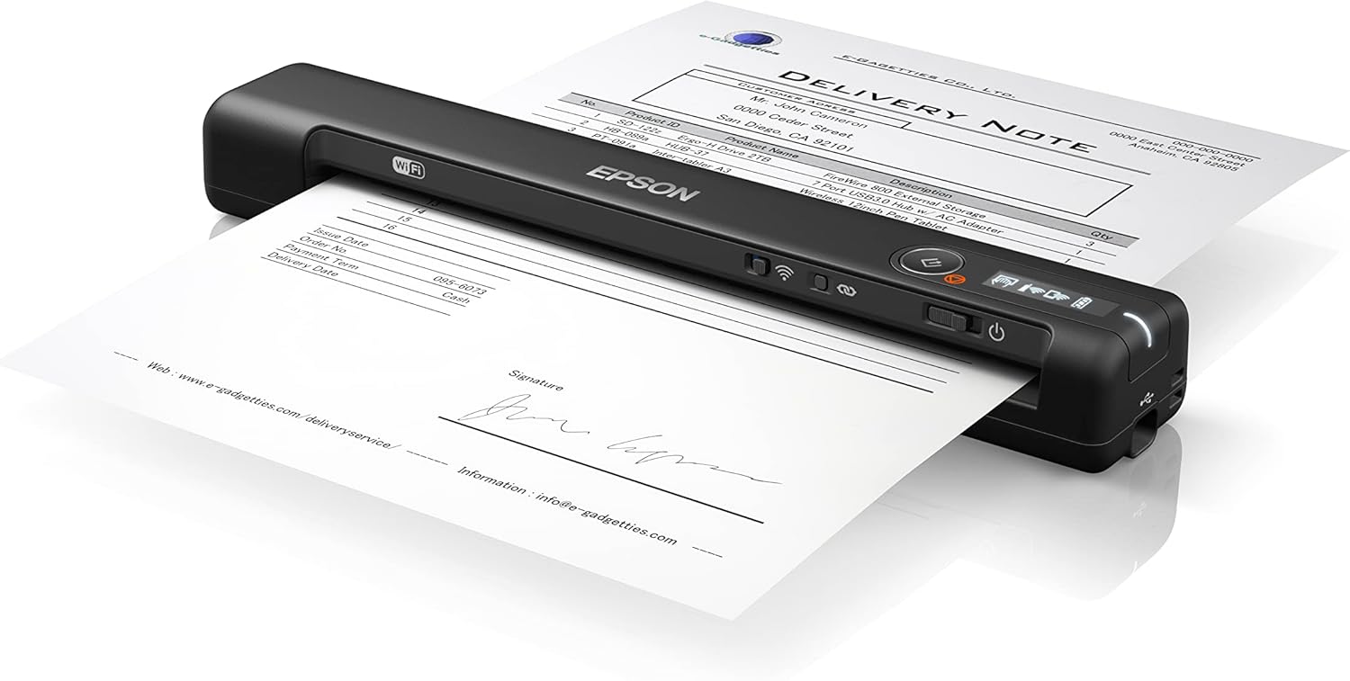 Epson Workforce ES-60W Wireless Ultra Portable A4 Document Scanner with Li-ion battery (300 page) and USB 3.0, 200-1200dpi, 4 seconds per page